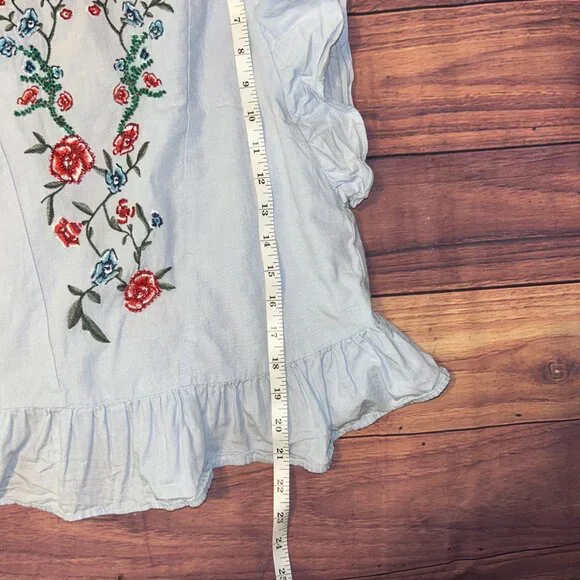 ZARA Embroidered Floral Ruffle Blouse - Light Blue Cotton - XS - Picture 10 of 10